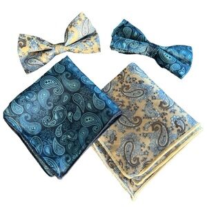 Bundle of Blue and Tan Paisley Boys bow tie and pocket square
